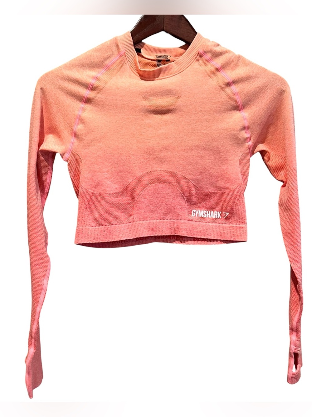 Gymshark Dry Women's Orange Pink Cropped Long Sleeve Top Thumbholes Crew Neck M